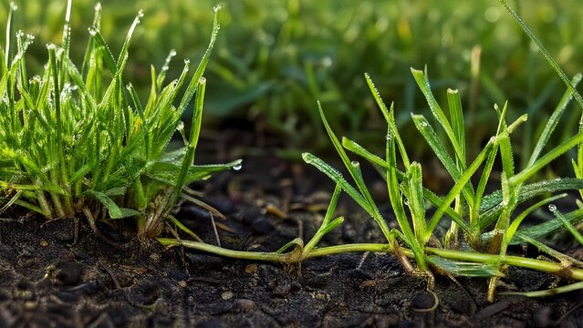 Lush green lawn with stolon network connecting grass clusters, morning dew.