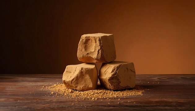 Luxury Skincare Advertisement of Textured Multani Mitti Chunks on Rough Oak Wood