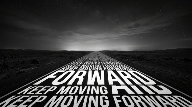 Road with text keep moving forward written on the asphalt in the desert at night
