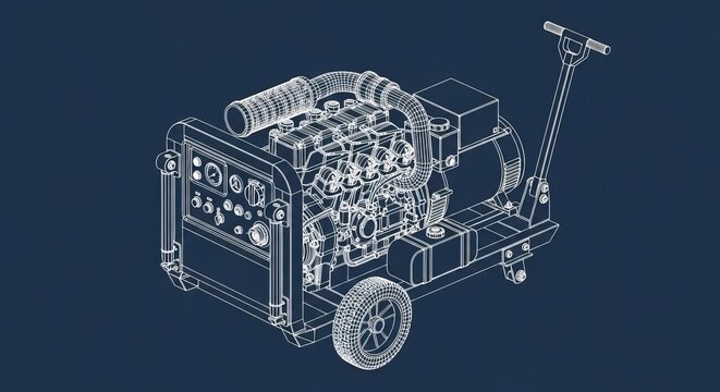 Technical drawing of a portable industrial generator on wheels