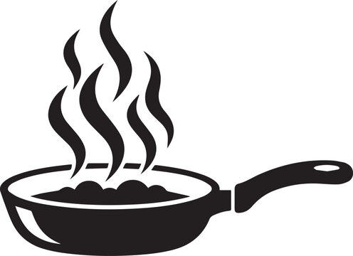 Cooking pan silhouette icon with steam and food sizzling inside black kitchenware design for restaurant logo or culinary website illustration.