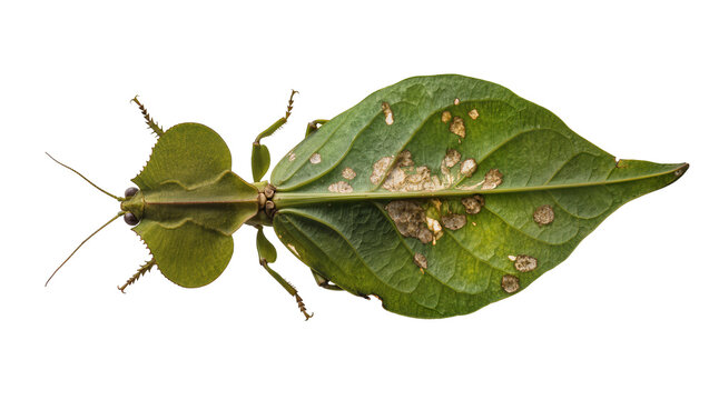 Green leaf insect mimicking a dead leaf with brown spots