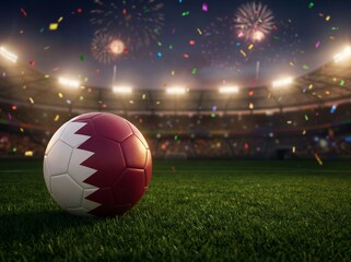 Fototapeta premium Qatar flag soccer ball on stadium field with fireworks and confetti