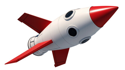 Retro rocket ship with red fins and nose cone white body, and circular windows © Hannah