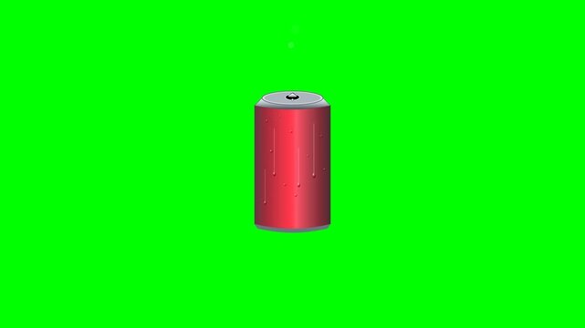Flat vector animation of a red soda can popping open with fizzy bubbles on a green screen chroma key background 4K motion graphics