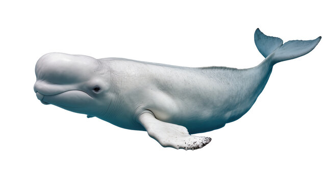 White beluga whale swimming underwater with fluke and flippers visible