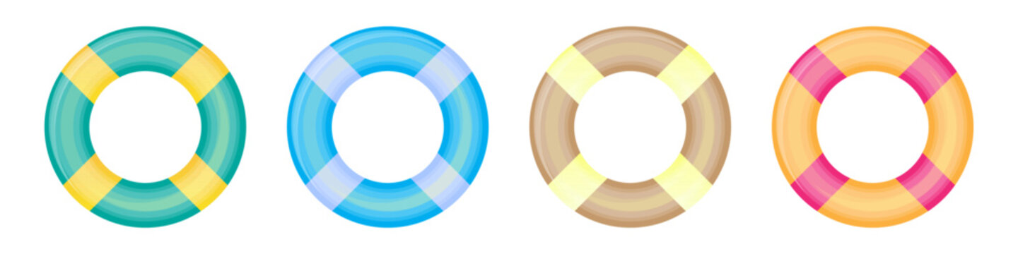 Vector life buoy set cartoon illustration isolated on transparent background. Colorful marine lifesaver ring collection for summer beach resort safety design or sea cruise banner.