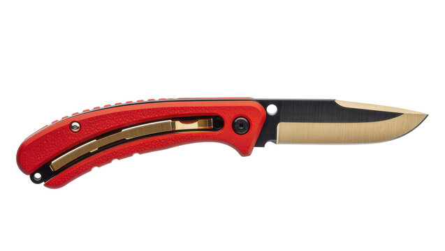 Red folding knife with black and gold blade