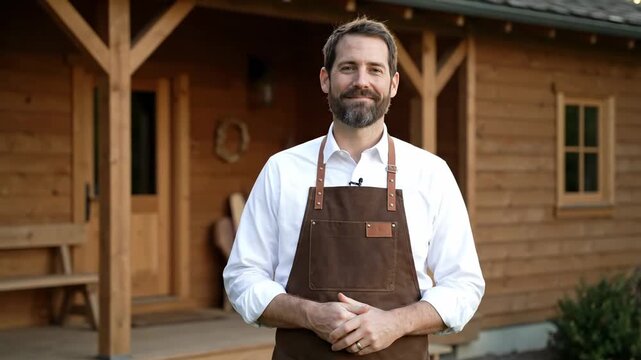 Man in apron standing in front of cabin looking at the viewer