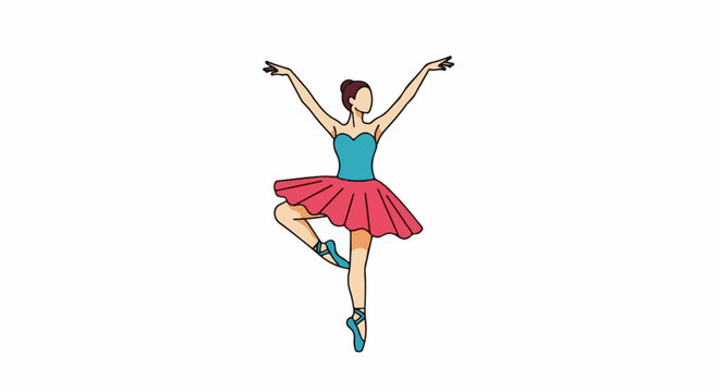 A dancer in a blue leotard and pink tutu poses on one leg, arms raised