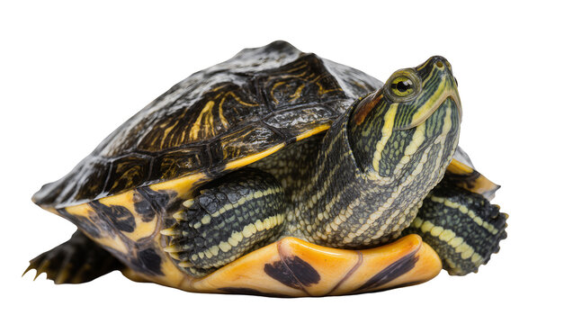 Red-eared slider turtle with yellow and black markings