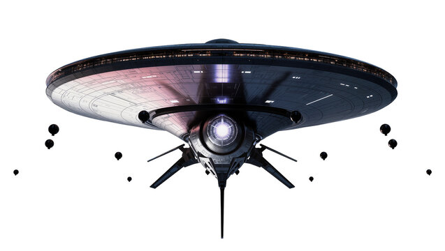 Futuristic alien spaceship with glowing engine and landing gear