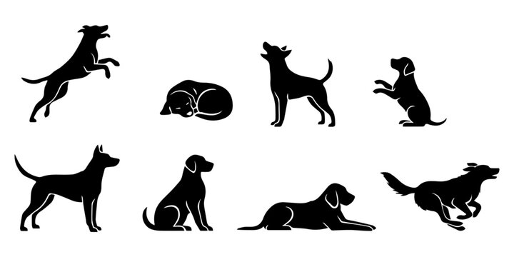 Group of dogs various poses black silhouette vector white background,  Set of silhouetted dogs in various poses, Collection of various dog breeds in silhouette vector