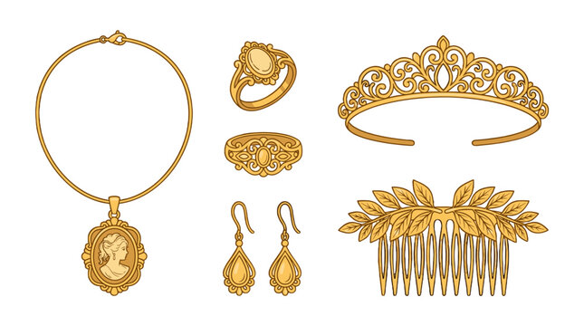 Gold jewelry set with tiara ring earrings necklace and comb