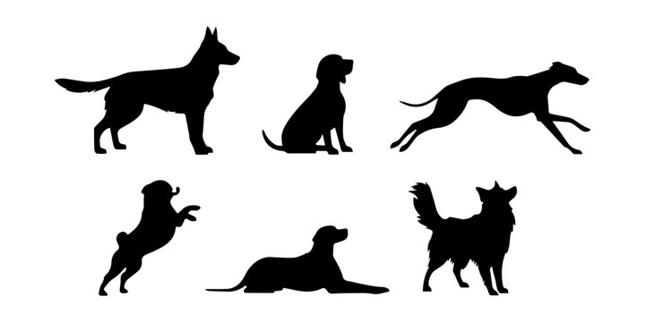 Group of dogs various poses black silhouette vector white background,  Set of silhouetted dogs in various poses, Collection of various dog breeds in silhouette vector