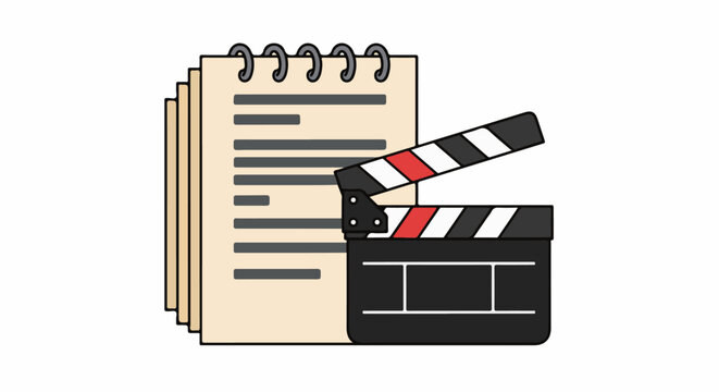 A notepad with lines and a movie clapperboard are depicted