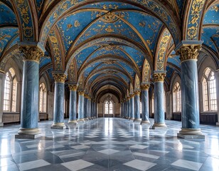 Obraz premium A grand, ornate interior with blue and gold ceiling, marble columns, and checkered floor