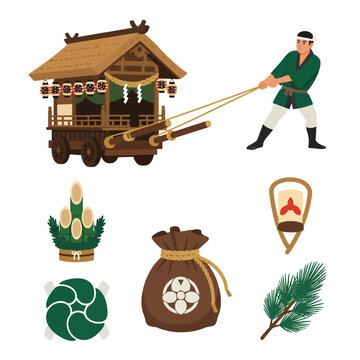 Japanese festival elements with a man pulling a traditional float.