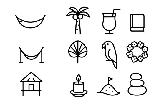 Tropical Icon Set. Tropical relaxation lifestyle. Line outline icon set of Tropical relaxation lifestyle: