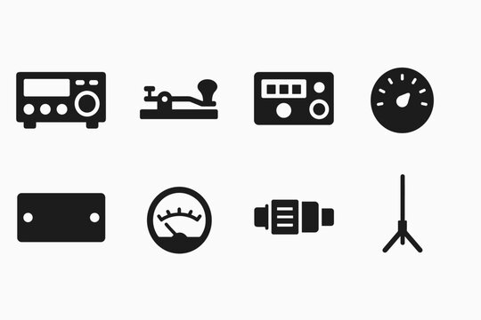 Classic Ham Radio Icons. Classic ham radio gear. Filled icon set of classic ham radio gear: transceiver box,
