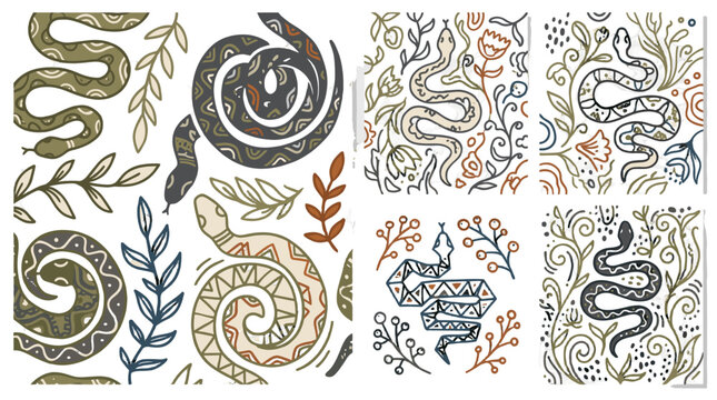 Hand drawn snake pattern set with leaves and ornamental lines