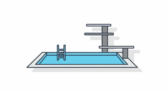 A stylized diving board and ladder are adjacent to a blue swimming pool