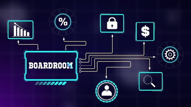 High tech dashboard layout tracking boardroom executive governance criteria, connecting automated asset nodes