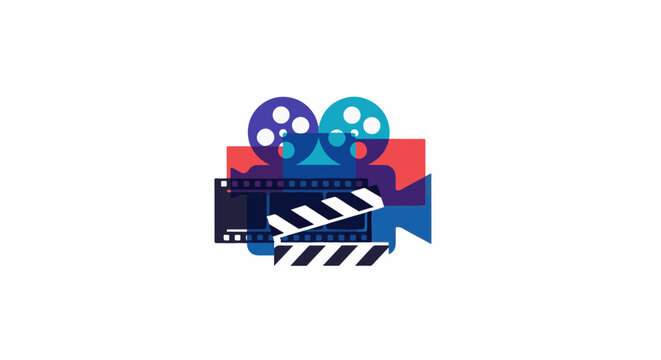 Colorful graphic depicting vintage film camera with film strip and clapperboard