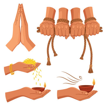 Set of Indian hands in various traditional gestures and rituals.