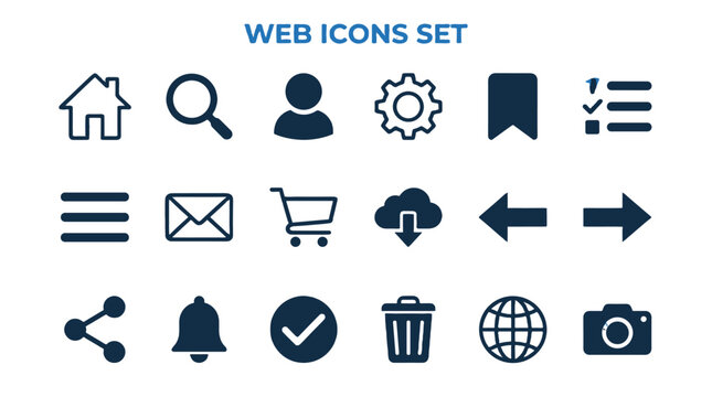 Universal web interface icons set in simple blue vector style