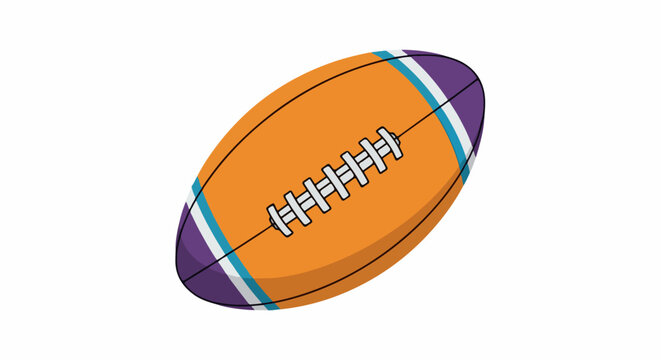 A stylized orange football with purple and teal stripes and white laces rests on a white background