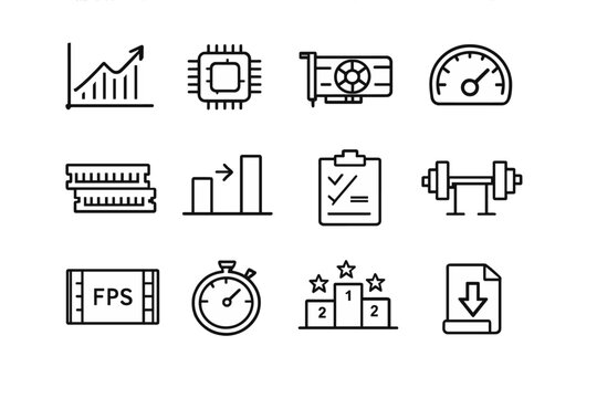 Computer Benchmark Icons. Computer benchmarking process. Line outline icon set of Computer benchmarking