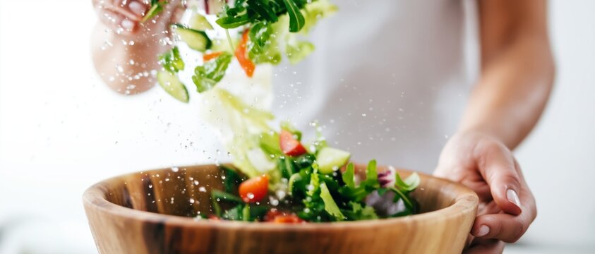 Fresh and vibrant salad tossing with greens and vegetables in wooden bowl
