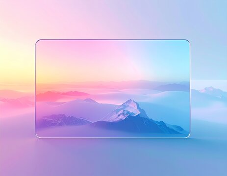 Interface abstraite avec verre d&eacute;poli, lumi&egrave;re douce, illustrant un paysage de montagne