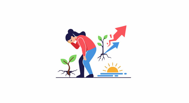 A person experiences stress and growth alongside rising arrows and a sunrise