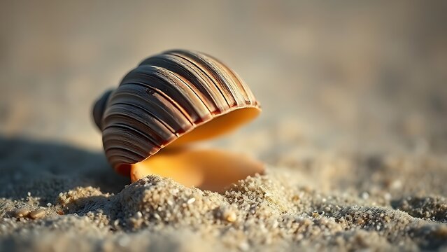 A tightly closed clam shell on a sandy beach in a macro shot with detailed texture.