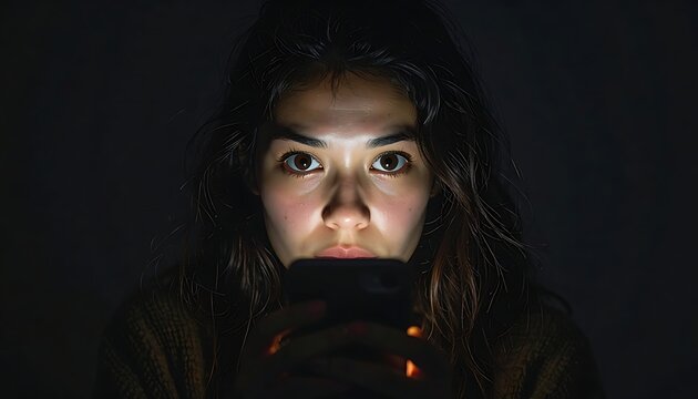 A woman illuminated by a phone in a dark environment