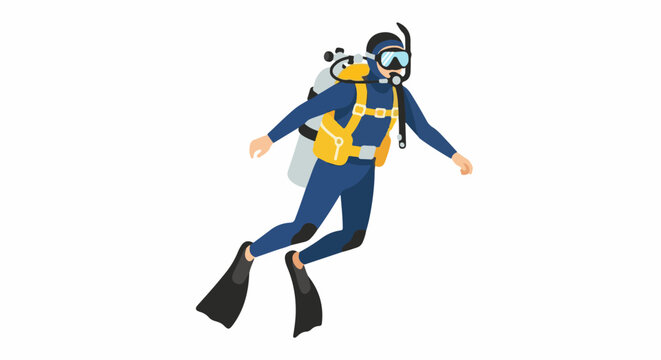 A diver in a blue suit with a yellow vest, diving gear, and black flippers swims forward