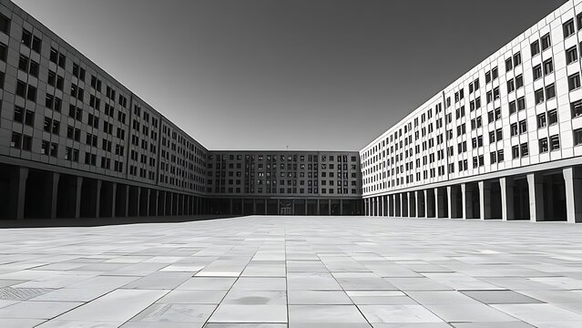 A vast, empty plaza with imposing, repetitive architectural facades.
