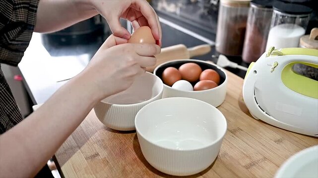 Woman holds a fresh egg beside bowls of eggs and ingredients with a hand mixer and rolling pin in a modern kitchen preparing to bake a homemade sponge cake.