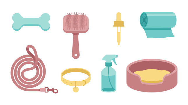 Set of pet care supplies and accessories in flat vector style