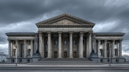 Obraz premium Photorealistic neoclassical museum building exterior with tall ornate columns carved pediment and wide stone staircase under dramatic cloudy sky. AI generated image