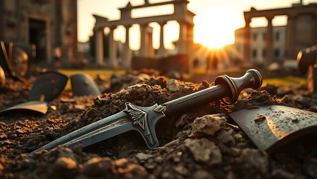 A Roman gladius half-buried in ancient forum dirt with broken shield fragments nearby.