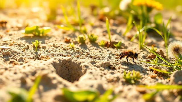 Ground-level meadow with bee burrows and hovering mining bees, wildflowers in sun, habitat and ecology concept.