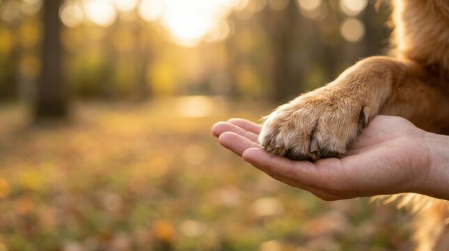 Dog paw resting in a human hand, symbolizing trust, companionship, loyalty, pet care, friendship, emotional support and the bond between humans and animals