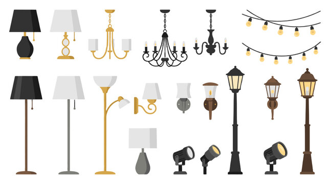 Collection of indoor and outdoor lighting fixture vector icons