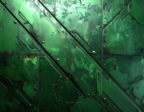 A green metallic surface with diagonal lines and rectangular panels