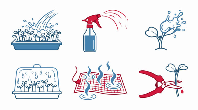 Vector illustration set of gardening icons featuring seedling care tools including watering trays spray bottles heat mats and pruning shears
