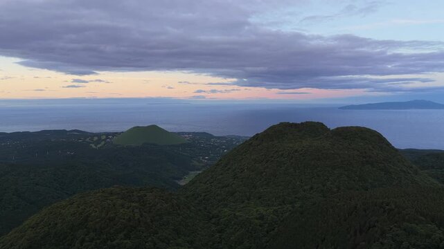 Aerial view of volcanic landscapes from Yahazuyama to Omuroyama and Izu Oshima in Japan