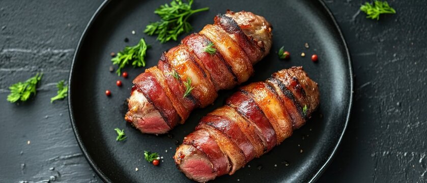 Crispy bacon wrapped meat rolls grilled to perfection